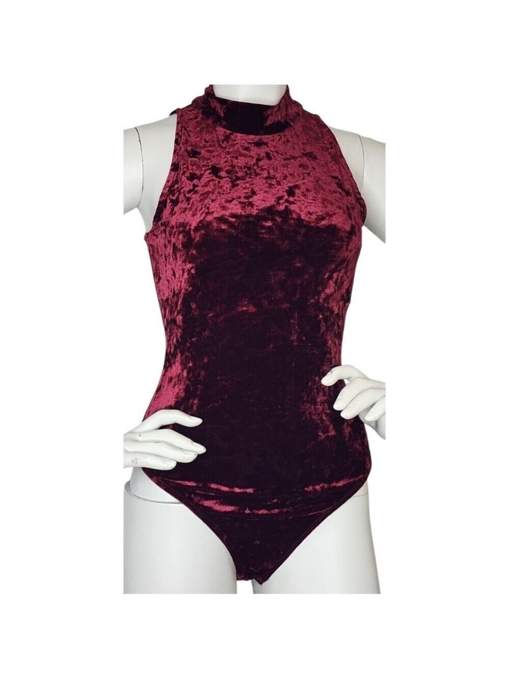 Second Skin Burgundy Velvet Mock Neck Contour Bodysuit Small NWT